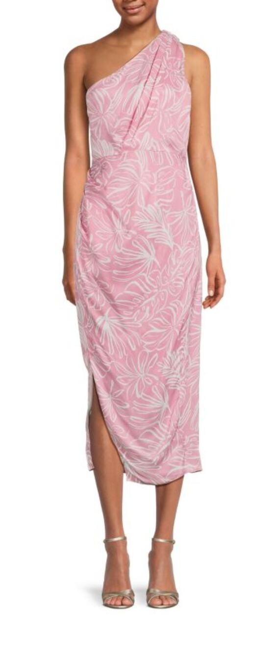 Saylor Emiliana Pink Floral One Shoulder Midi Dress Size Medium